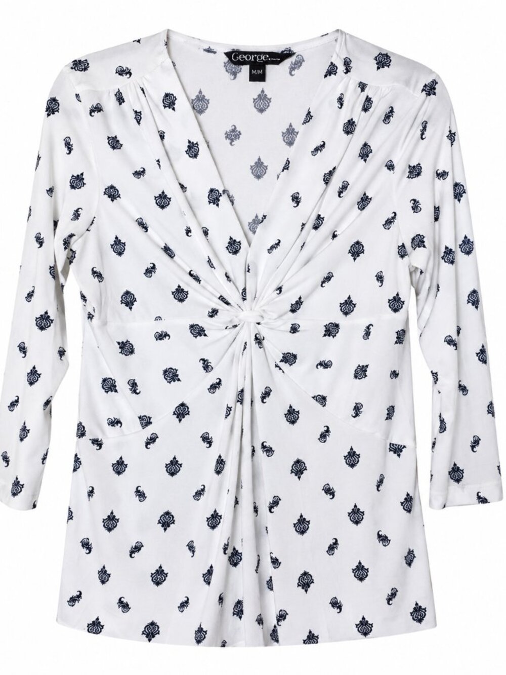 George Women's Top Size M White Blue Print Twist Front 3/4 Sleeve Stretch Office